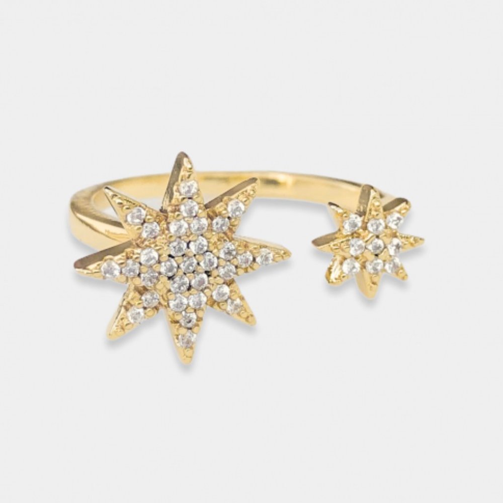 18K Gold Plated CZ Simulated Diamond Starburst Open Adjustable Ring